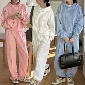 여성 6컬러 면 쭈리 후드티 와이드 팬츠 무지 트레이닝세트 츄리닝 투피스 셋업 -WPST0233- 봄 가을