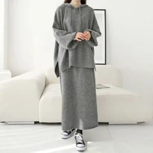여성 후드 언발 울 니트 치마 세트 -WSST0092- 겨울