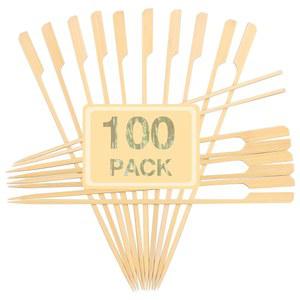 BBQ 케밥 스틱용 대나무 꼬치 10인치 - 평평한 손잡이 고기 구이 스틱 음식용 긴 나무 (100팩-평면)