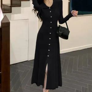 슬림 세련 골지패턴 골드버튼 니트 롱 원피스 2컬러