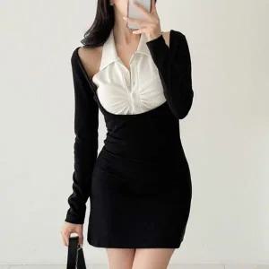 [하프클럽/]여성 셔링 민소매 카라 레이어드 미니 원피스