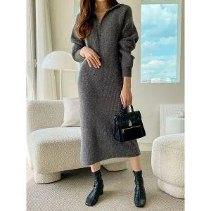 [하프클럽/샵앤]여성 반집업 하이넥 나그랑 골지 니트 롱 원피스 MCR-WDR-4963-