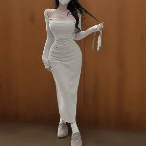 |CCO5832|여성 슬림핏 롱 원피스 스트랩 셔링 오프 트임 디자인