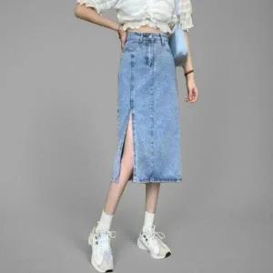 |CCK1736|여성 키치 무드 중청 앞트임 미디 데님 스커트