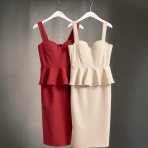 |KSO584F|여성 글램 스타일 페플럼 슬림 프릴 나시 슬릿 미디 드레스