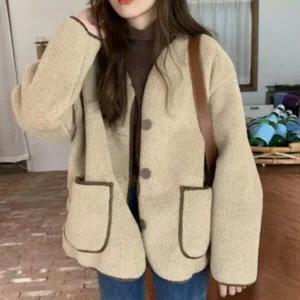 |CCJ6908|여성용 루즈핏 배색 양털 노카라 캐주얼 가디건