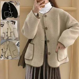 |CCJ6908|여성용 루즈핏 배색 노카라 양털 가디건