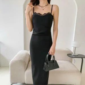 |KSO584E|여성 레이스 레이어드 슬림핏 H라인 끈 긴 원피스