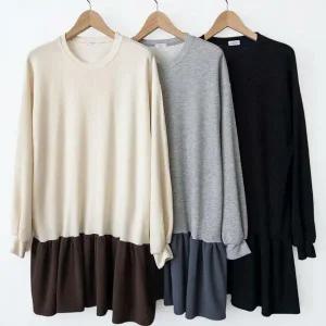 |KSO581C|여성용 투톤 프릴 퍼프 미니 원피스 빅사이즈 가을 패션