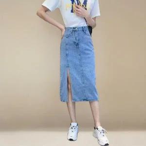 |CCK1736|여성 키치 스타일 중청 앞트임 미디 데님 치마