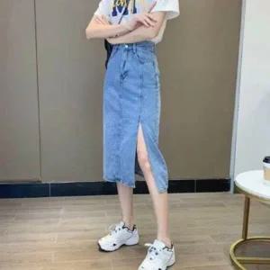 |CCK1736|여성 중청 앞트임 미디 데님 스커트 키치 스타일