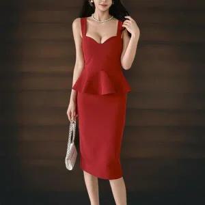 |KSO584F|여성 슬림핏 프릴 나시 페플럼 미디 드레스