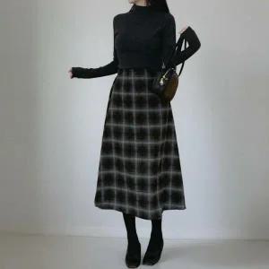 |KHK173F|여성 두꺼운 하이웨스트 체크 A라인 롱 스커트