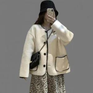 |CCJ6908|여성 루즈핏 양털 가디건 배색 노카라 캐주얼 디자인