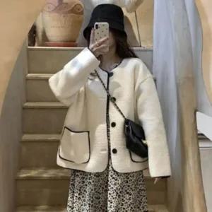 [다잇템] 여성 양털 카라없는 캐쥬얼 빅사이즈 콘트라스트 가디건