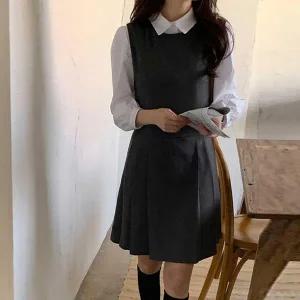 여자 10대 플리츠 미니 스커트 민소매 원피스