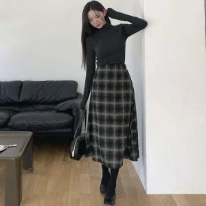 [옷자락]여성 하이웨스트 체크 배색 A라인 롱스커트_P409182826