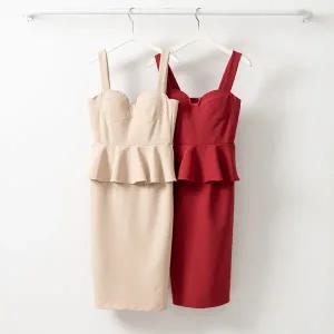 여성 글램 페플럼 슬림 프릴 미디 원피스