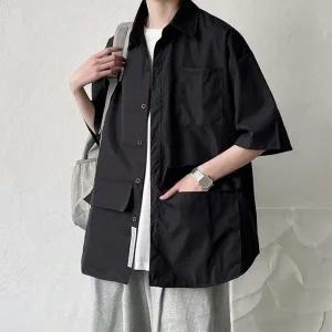 데일리 디자인 하단 포켓 남자 오버핏 반팔 남방 셔츠