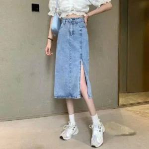 [옷자락]여성 중청 미디 데님 스커트 앞트임 키치무드_P409192386