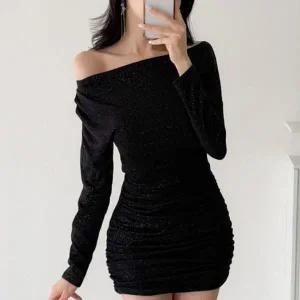 [하프클럽/]여성 롱슬리브 볼드숄더 잔주름 글램핏 원피스