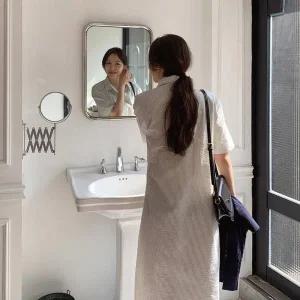 [하프클럽/]여성 반소매 빅사이즈 단가라 롱 카라넥 원피스