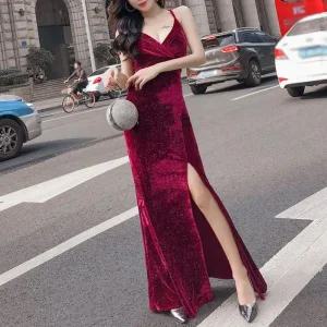 여자 파티룩 벨벳 뷔스티에 슬릿 롱 원피스