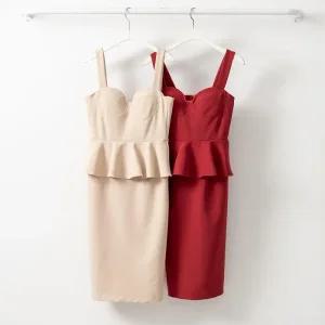 여성 글램 페플럼 슬림 프릴 미디 원피스