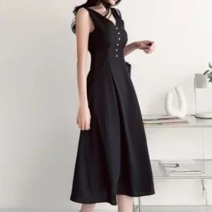 여성용 진주버튼 블랙 브이넥 민소매 롱 드레스