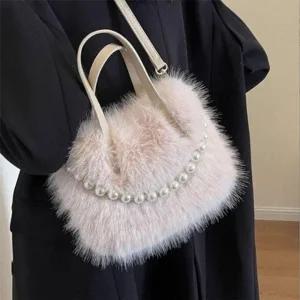 럭스 퍼 진주 크로스백 숄더백 가방 미니 털가방 겨울 가방 여성 여성용 여성 토트백 크리스마스 라탄