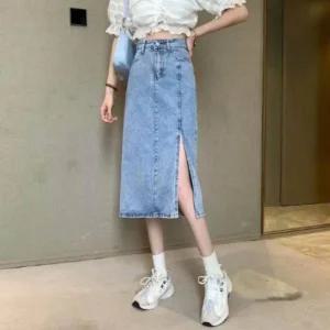 여성 중청 미디 데님 스커트 앞트임 키치무드
