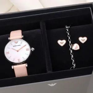 알마니 AR8039 러블리 핑크 화이트 자개 데일리 팔찌 귀걸이 세트 여자 가죽 시계 c