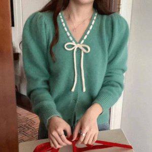 온나핏 롱가디건 앙고라 리본 퍼프 반팔가디건