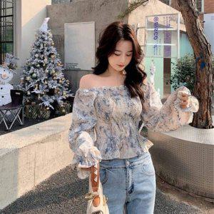 크롭셔츠 오프숄더 펀칭블라우스 스모크 블라우스