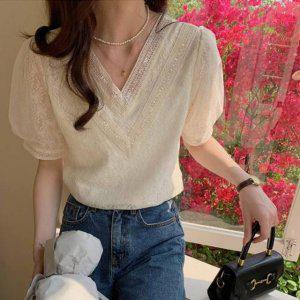 블라우스 브이넥 온나핏 타이블라우스 스팽글 프