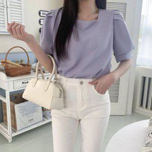 핀턱 퍼프블라우스 스퀘어넥 소매 반팔블라우스