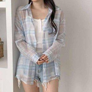 체크 크롭셔츠 여성셔츠 퍼프블라우스 반팔블라우
