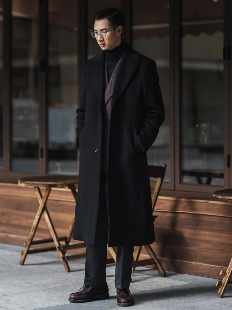 Mauroicardi 가을 겨울 긴 따뜻한 블랙 트렌치 코트 남성 싱글 브레스트 럭셔리 울 혼합 오버 코트 2022 고품질 의류