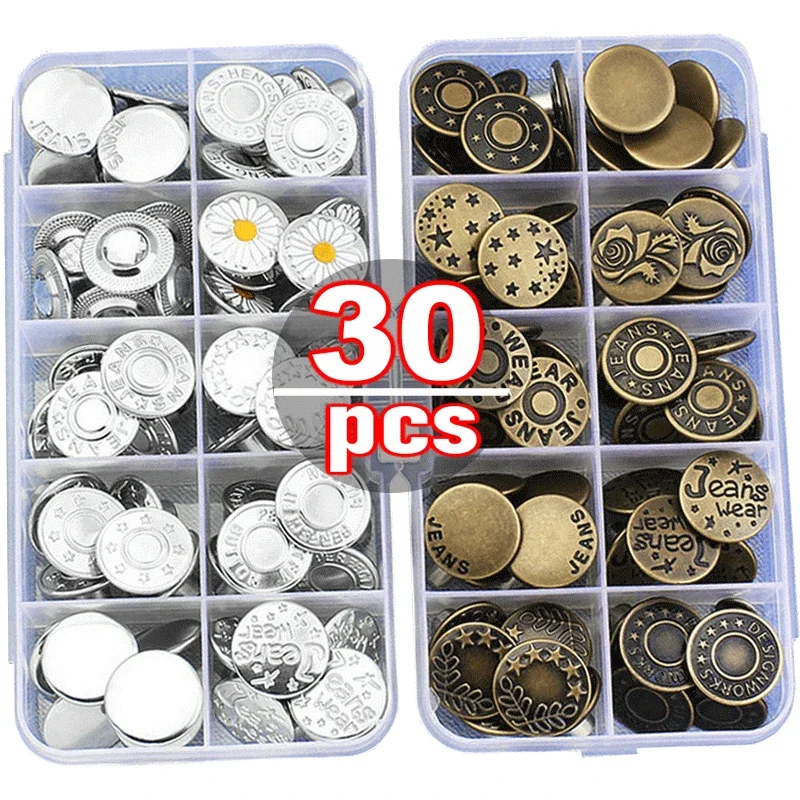 10-30pcs 분리형 청바지 단추 조정 가능한 허리 레트로 금속 단추 바느질 바지 버클 없음 나사 손톱 수리 키트 도구 보내기