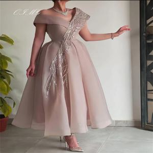 OIMG 오프 숄더 미디 댄스 파티 드레스 a 라인 Organza 여성 스팽글 반팔 맞춤형 이브닝 가운 공식 파티 드레스