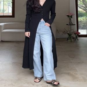 우아한 브이넥 롱 블랙 카디건 드레스 여성용 자외선 차단 봄 여름 신상 다용도 슬림 트렌디 아우터웨어