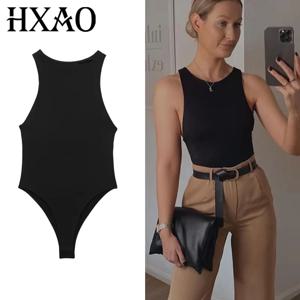 HXAO 2024 여성용 민소매 블랙 화이트 바디수트 여름 바디콘 원피스 비치 수영복 타이츠 끈 팬티 바디수트