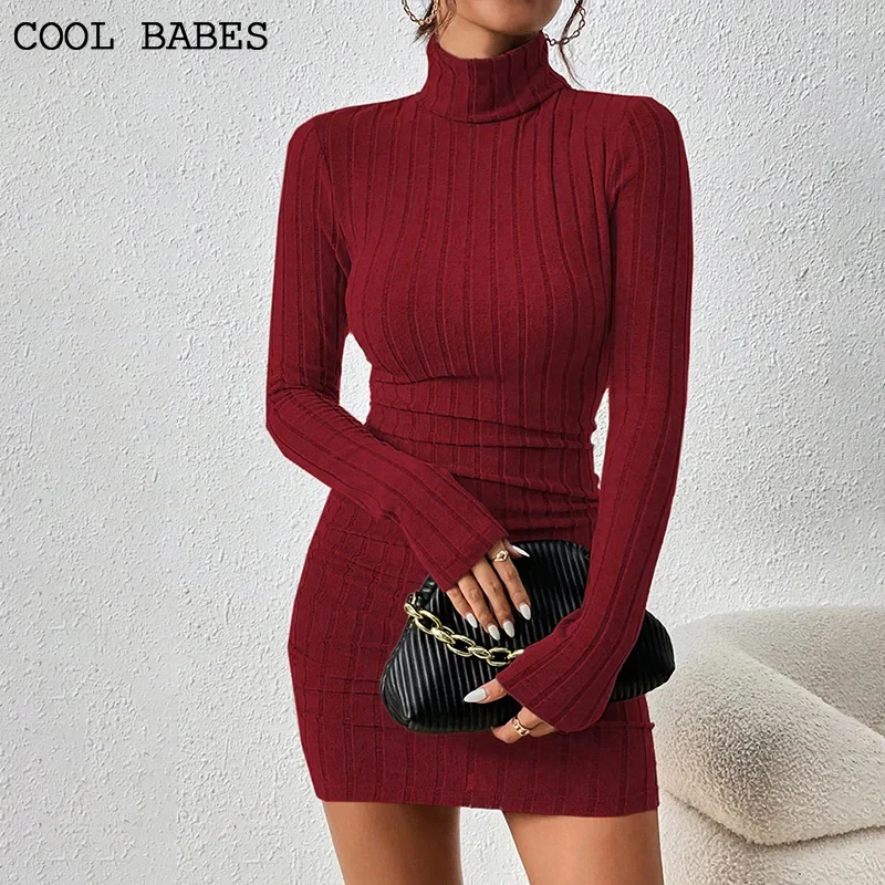 새로운 솔리드 드레스 여성 우아한 파티 가을 겨울 터틀넥 긴 소매 섹시한 외장 미니 드레스 Bodycon 클럽 니트 드레스