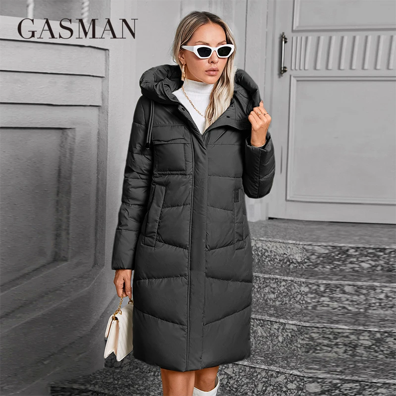 GASMAN 2024 여성용 다운 재킷, 롱 클래식 지퍼 디자인, 빅 포켓 스탠드 칼라, 후드 슬림 코트, 여성 파카 GM-83511