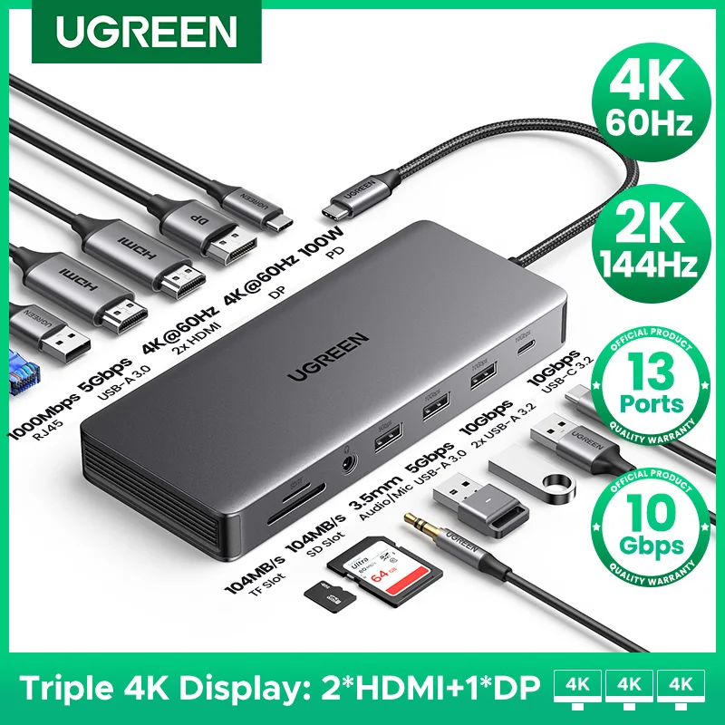 UGREEN USB C 허브, 맥북, 아이패드, 화웨이, 삼상 PC 태블릿 폰용, USB 3.0 허브, C타입-HDMI RJ45 이더넷, PD100W, 10Gbps, 4K60Hz