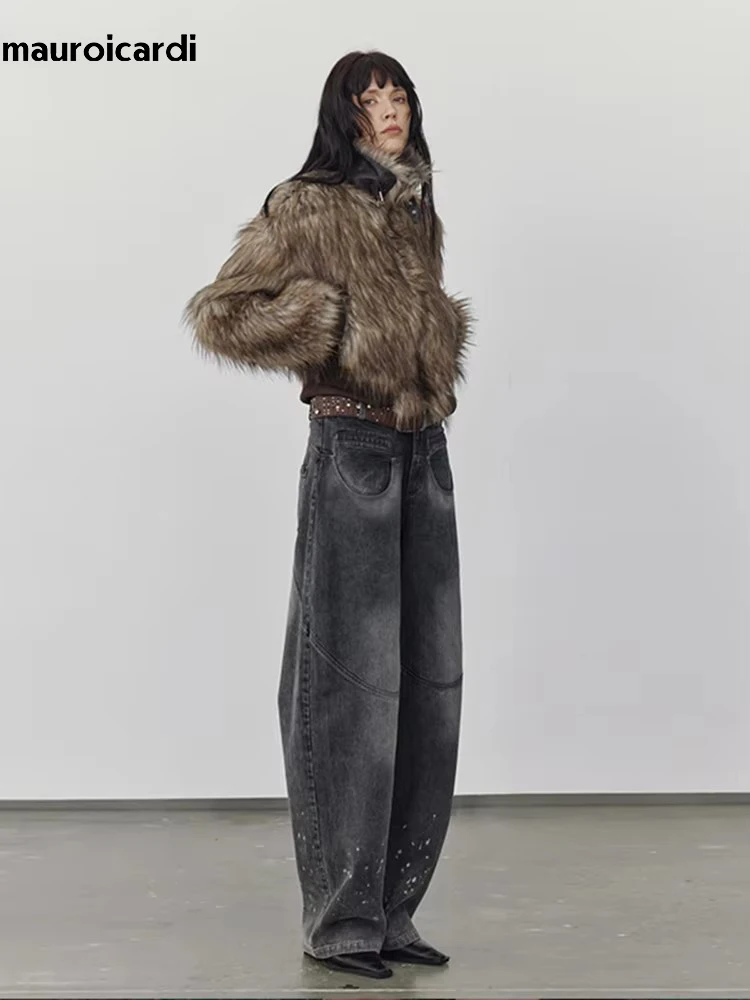 Mauroicardi 용수철 겨울 쿨 짧은 따뜻한 두꺼운 털 털 패치워크 인조 여우 모피 코트 재킷, 럭셔리 디자이너 의류