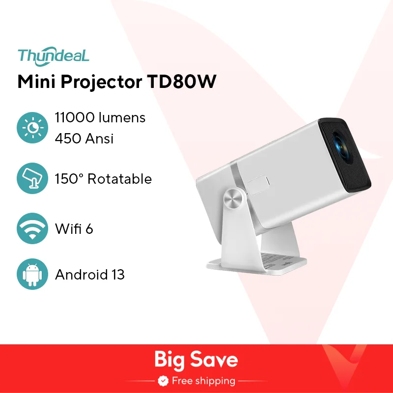 ThundeaL 4K 풀 HD 프로젝터, FHD TD80W, 안드로이드 와이파이, 3D 홈 시어터 TD80, 휴대용 빔 프로젝터, 회의 비디오 영화 PK HY320