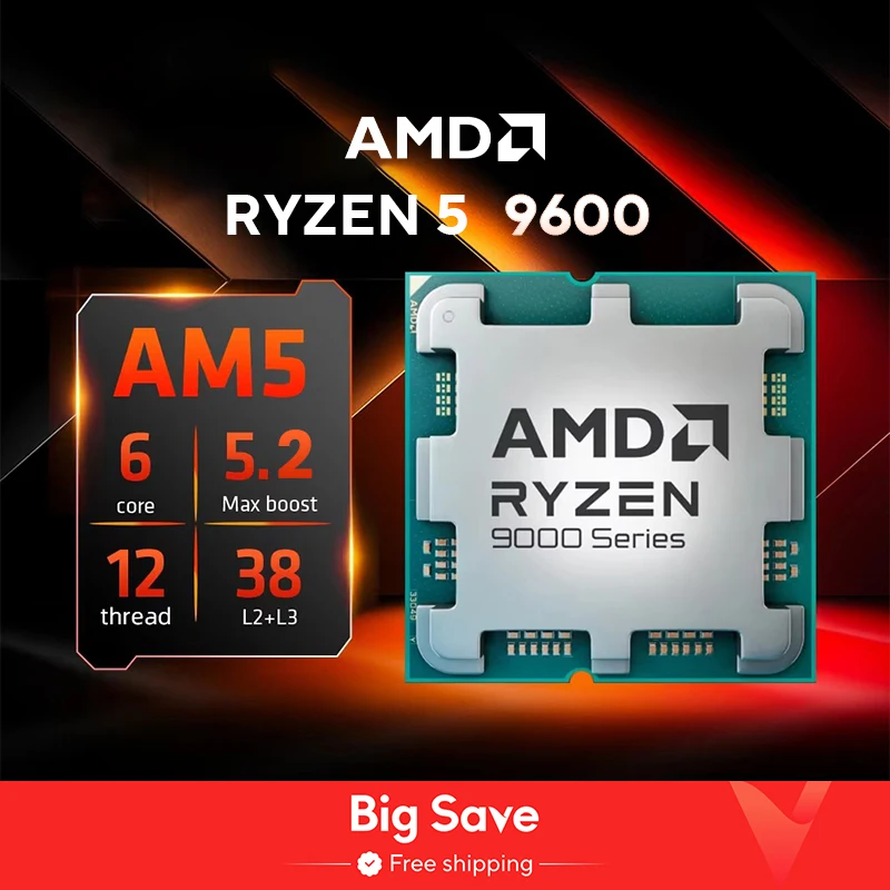 AMD 라이젠 5 9600 새 CPU 5.2GHz 6코어 12스레드 38MB 캐시 4NM TDP 65W 소켓 AM5 게이밍 프로세서 (패키지 미포함)