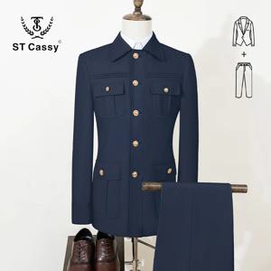 ST Cassy 블루 우아한 남성 정장 클래식 피트 멀티 버클 멀티 포켓 솔리드 컬러 캐주얼 비즈니스 세트 남성용 2 피스 세트