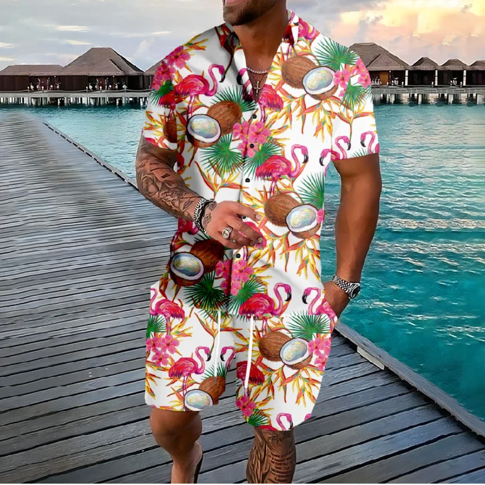 하와이 플라밍고 코코넛 나무 3d 인쇄 짧은 소매 셔츠 + 반바지 2Pcs 세트 캐주얼 Beachwear 휴가 2 조각 정장 남성 의류